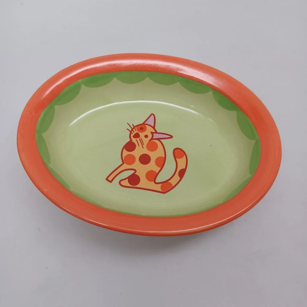 Castlemere Ceramic Pet Bowl Orange Green Polka Dot Cat Oval Dish Dishwasher Safe